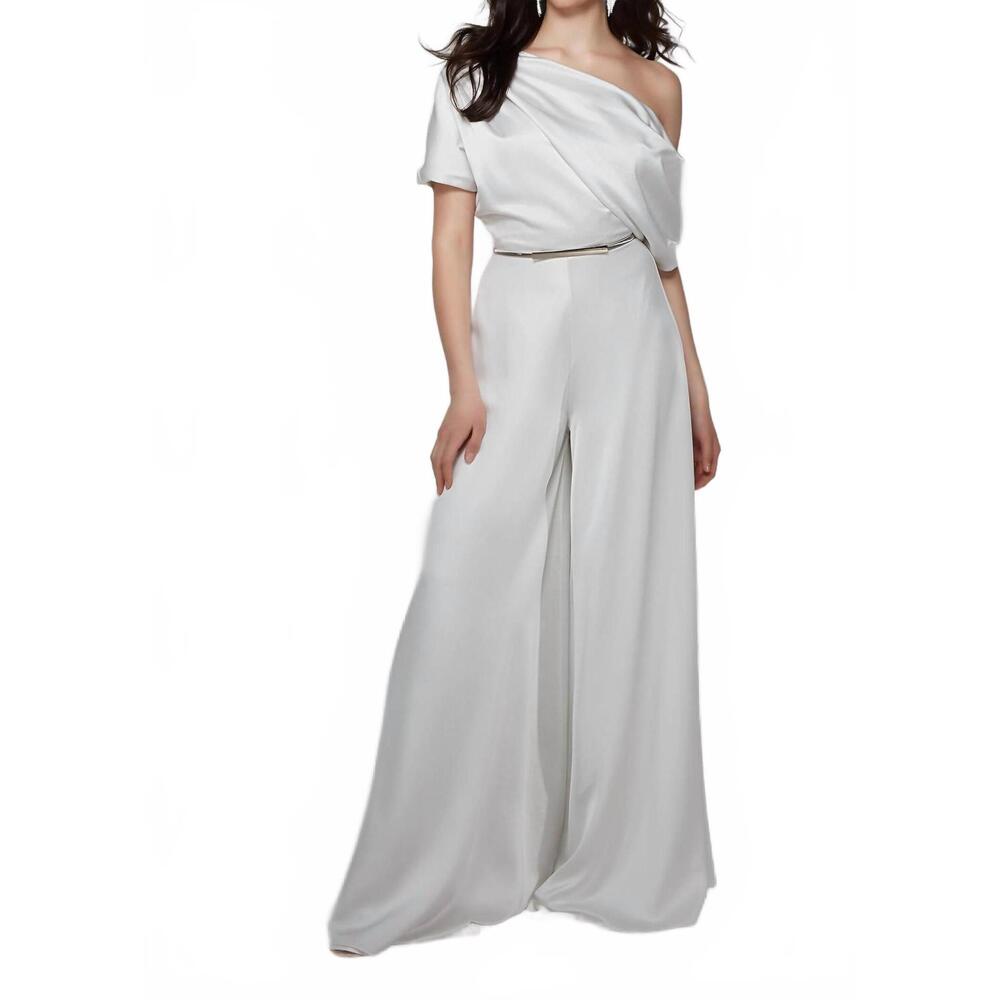 NEW ALYCE PARIS women's asymmetrical neckline wide leg bridal jumpsuit in ivory